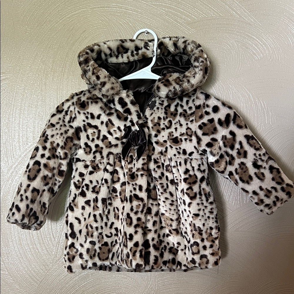Girls Leopard Print Faux Fur Coat